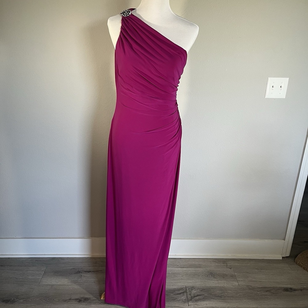 Ralph Lauren One Shoulder Formal Maxi Gown Pink Slit Ruched Jewel Glam Gala 10